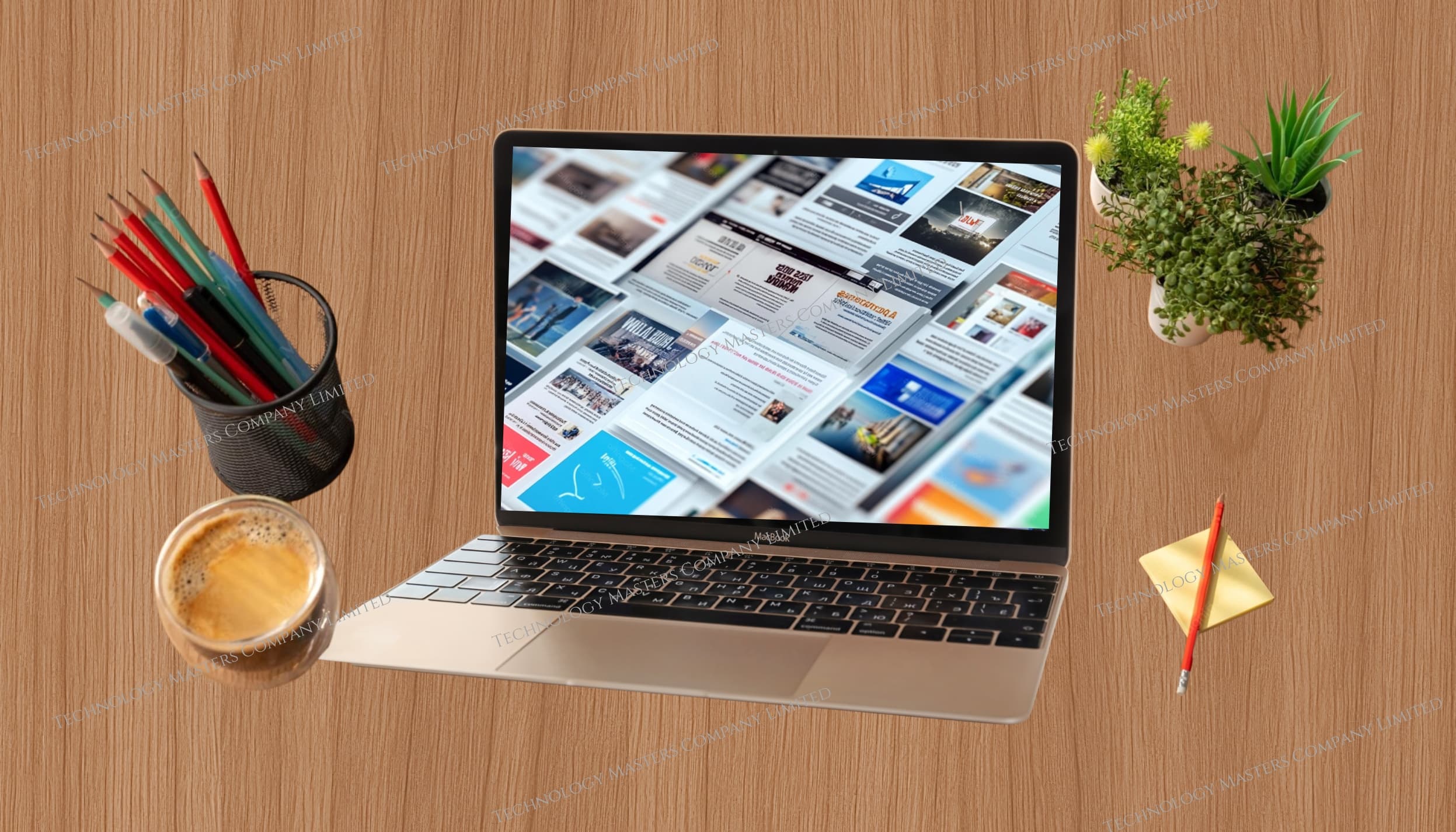 Technology Masters digital solutions showcase with laptop, coffee, and creative workspace